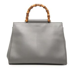 Gucci Gray Leather Tote Bag with Bamboo Handle